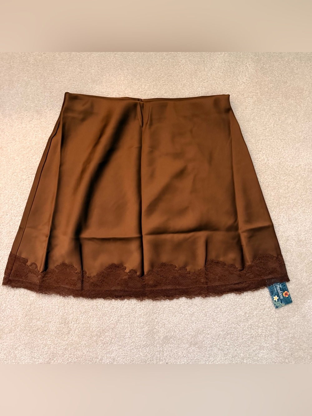 Women's Brown Silky Satiny Lace Trim Mini Skirt - medium NEW NWT